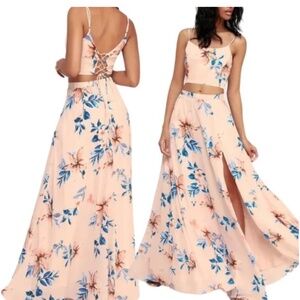 Lulus pink floral 2 piece maxi skirt and crop top set size S